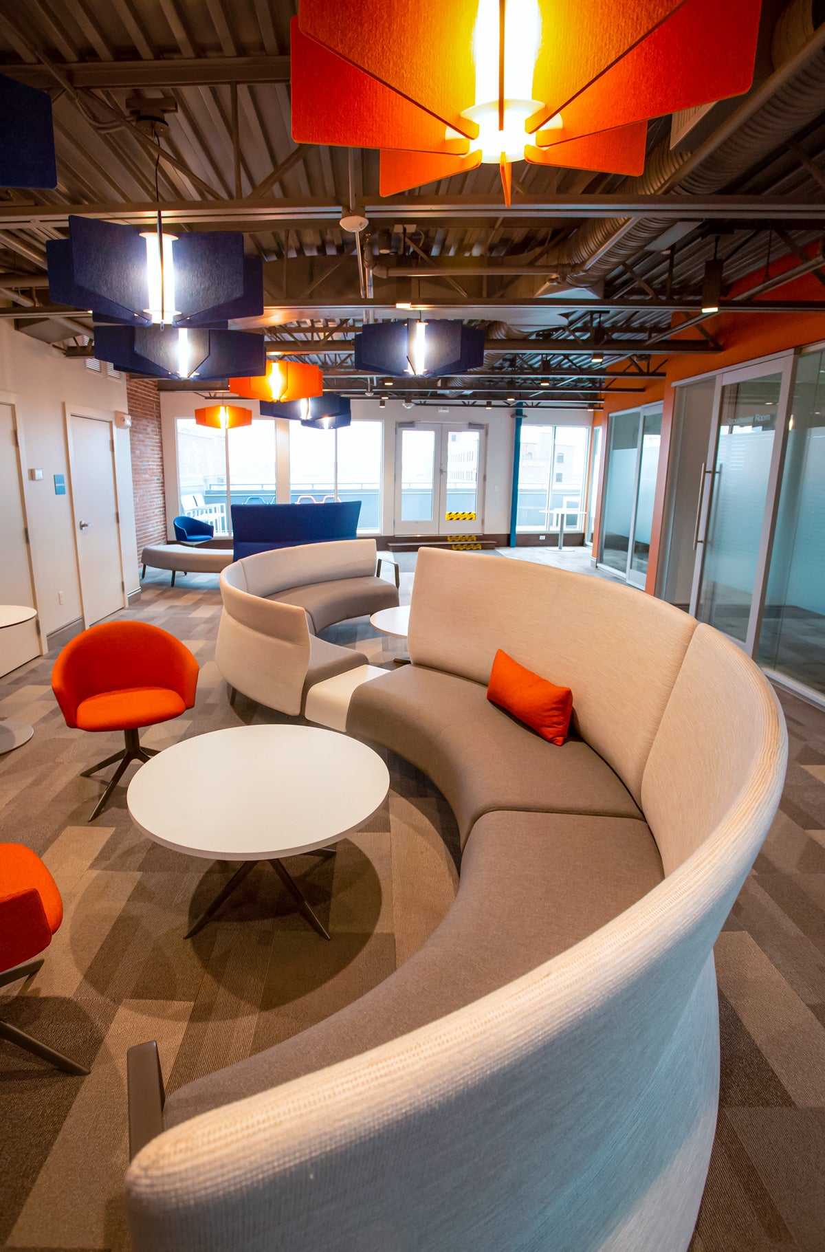 long couch in open, spacious waiting room