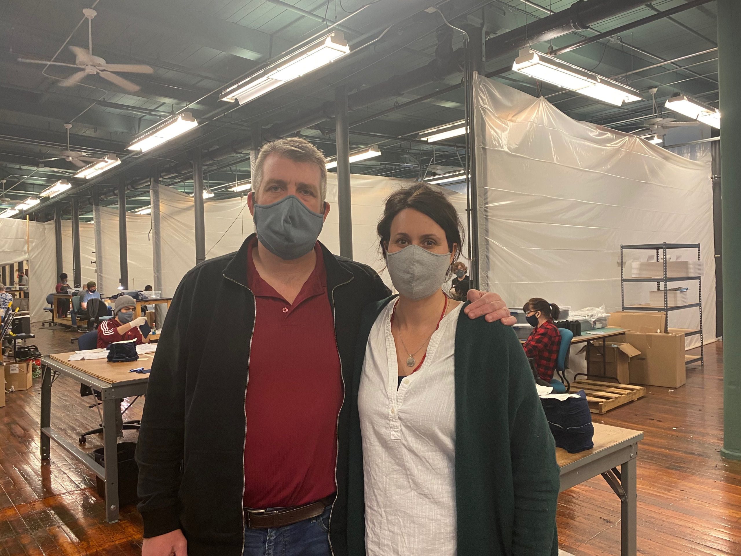 Ben Waxman and Whitney Reynolds at American Roots in Westbrook with face masks on.