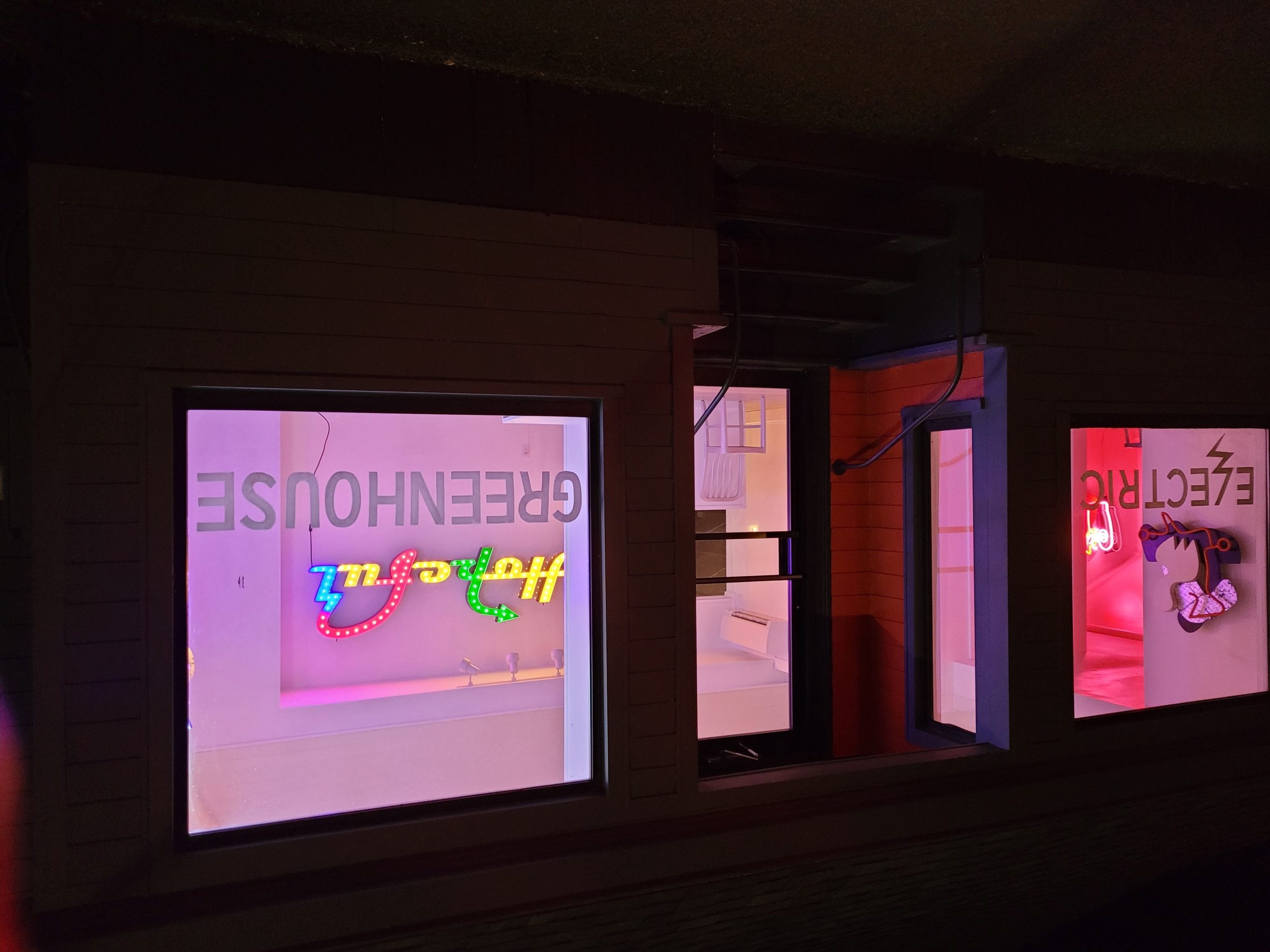 dark building with lighted windows