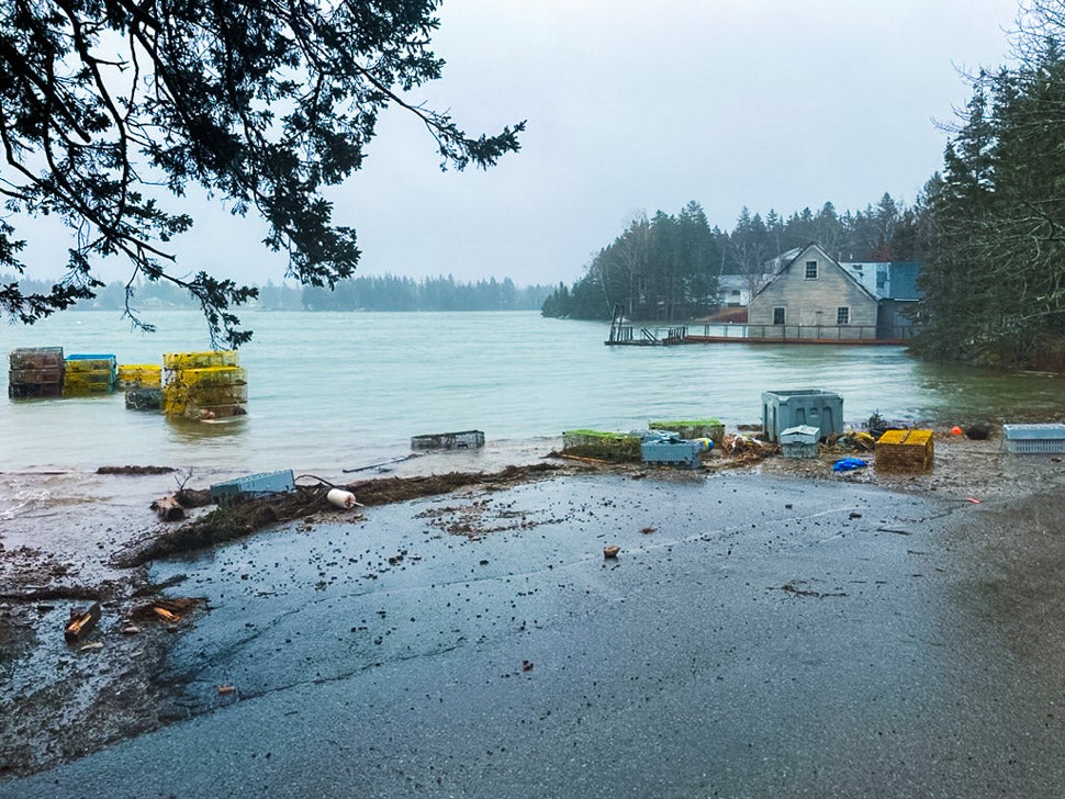 A shorefront is flooded.