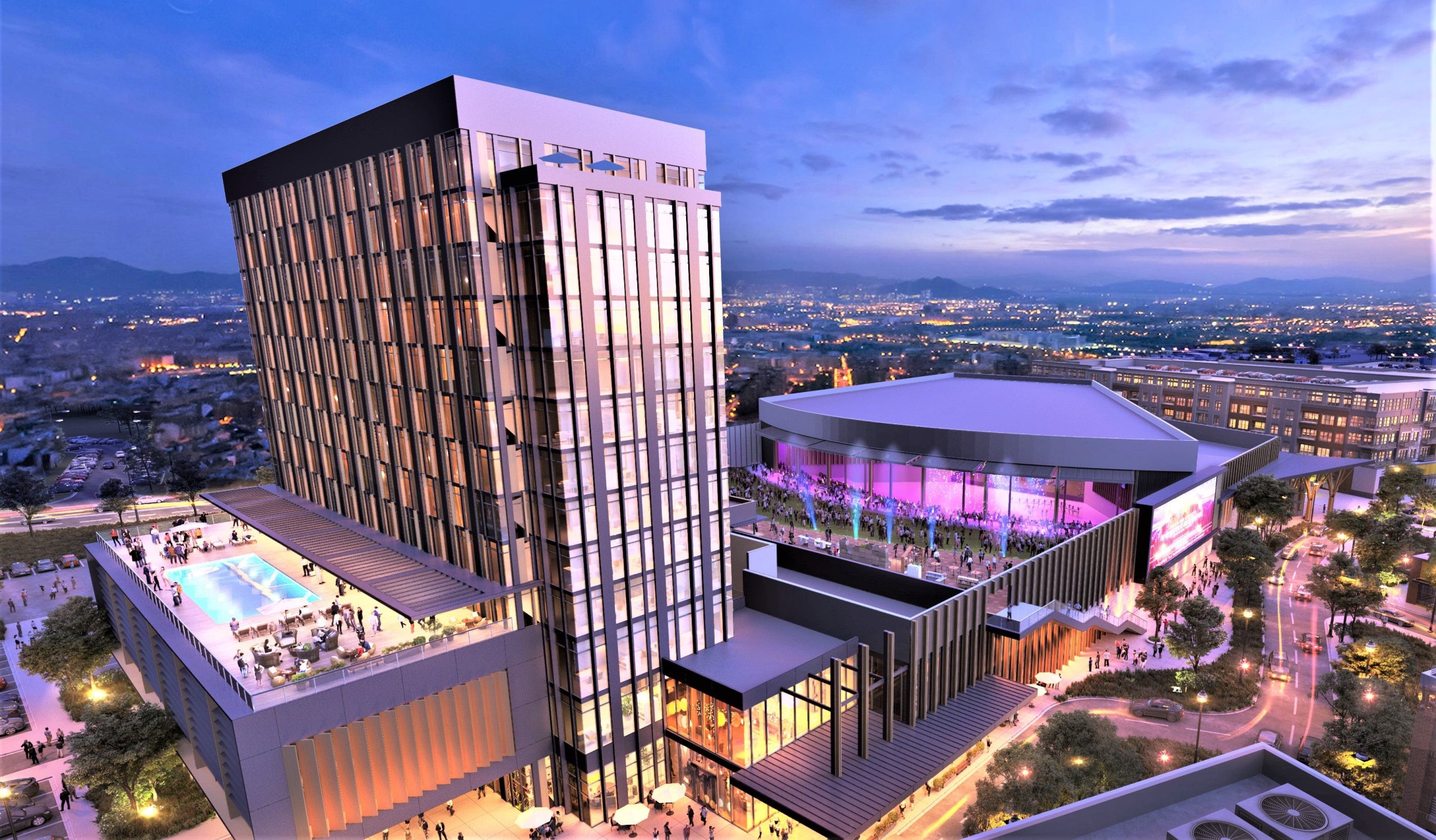color illustration of a high-rise building and a large, canopied amphitheater