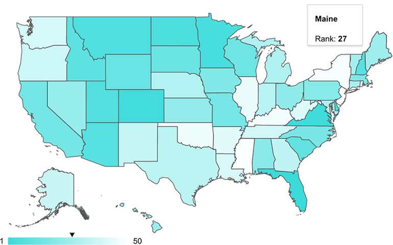 U.S. map and no. 27 (for Maine's ranking)
