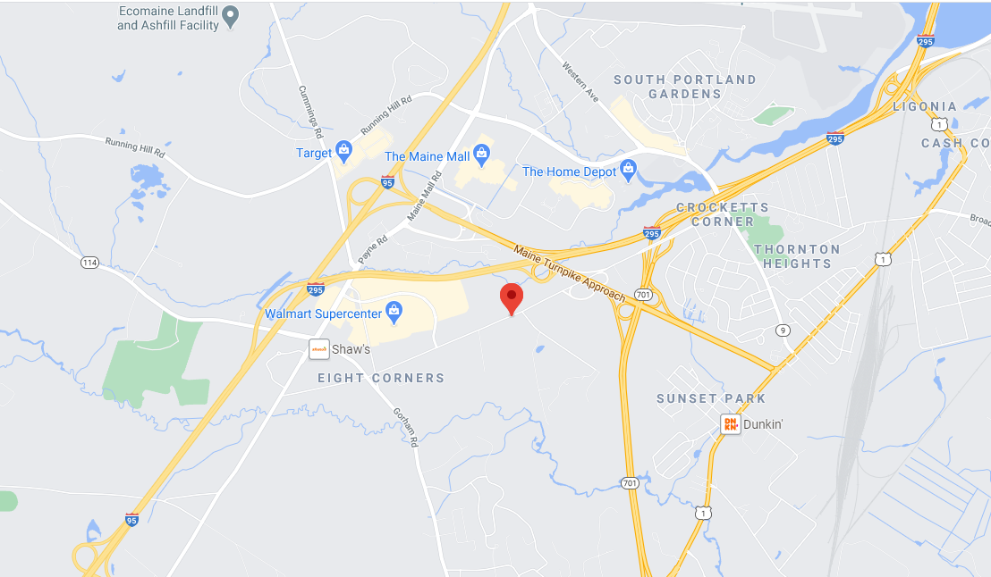 a map shows a red locater on Broadway in South Portland with the Maine Mall to the left and Interstates 95 and 295 nearby