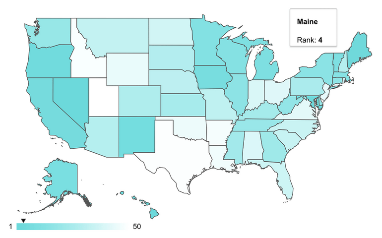 WalletHub map showing Maine's rank as No. 4