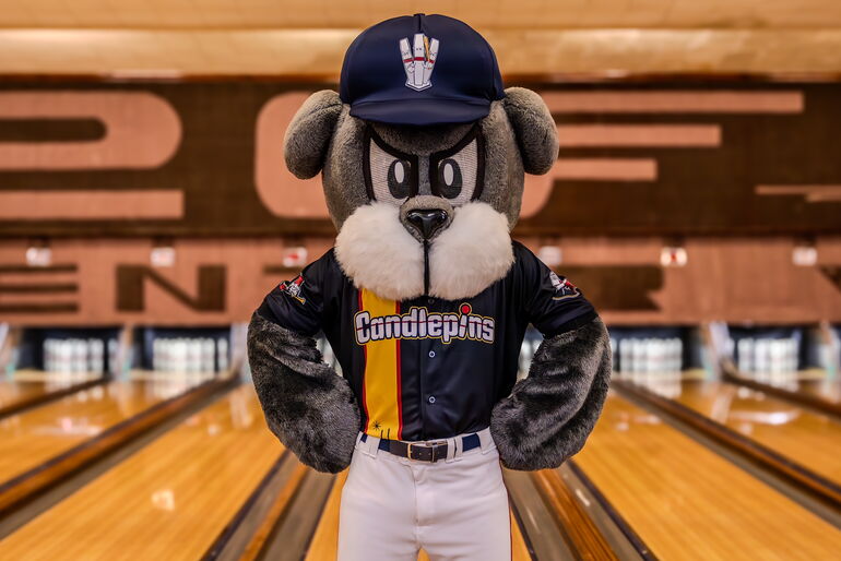 Slugger the  Sea Dog at a bowling alley