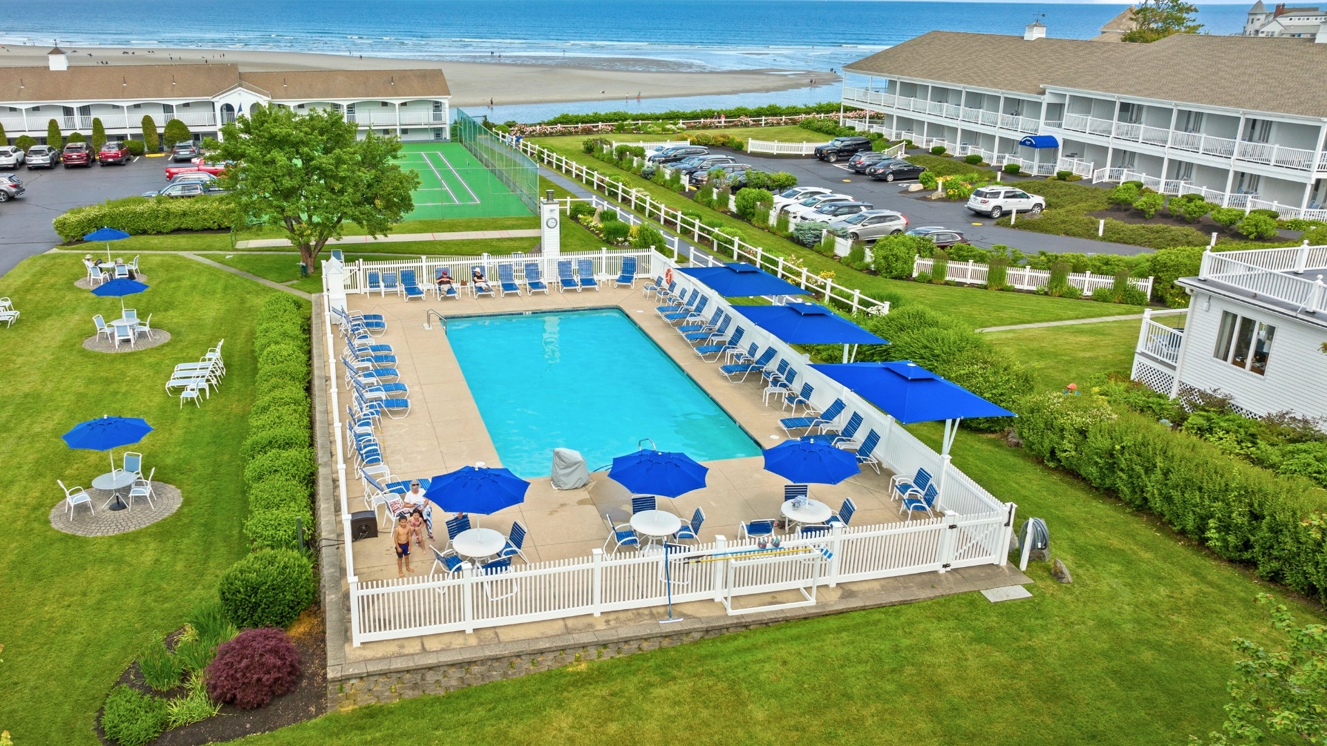 An aerial view of a pool and landscaped grounds.