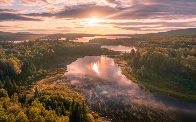 An aerial view shows woods and water under a pink and purple sky.