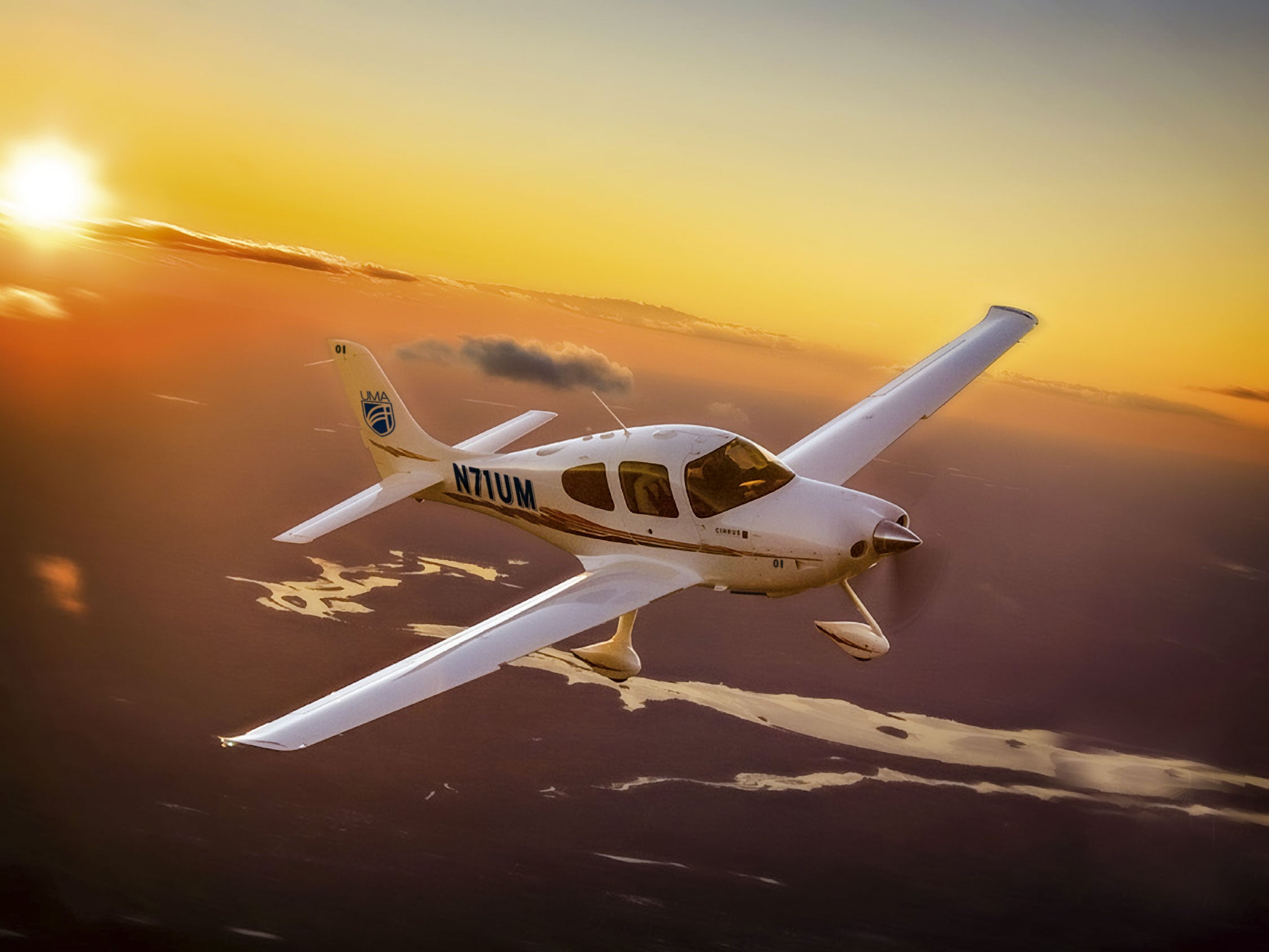 small plane and sunny clouds