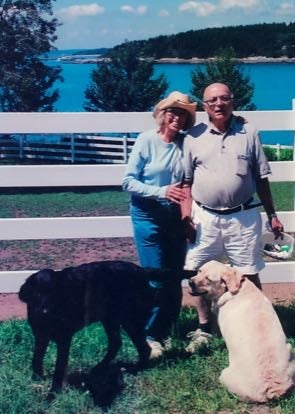two people with dogs