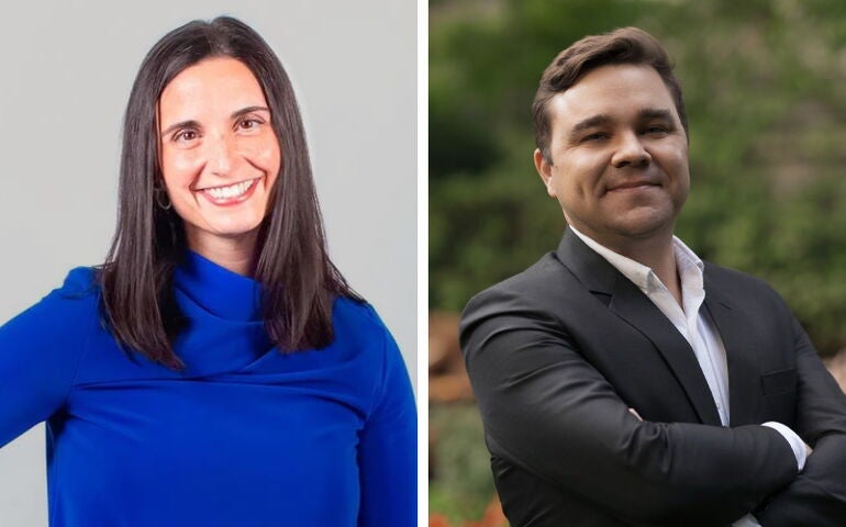 Carolyn Nishon and Derek Beckvold side by side portraits.