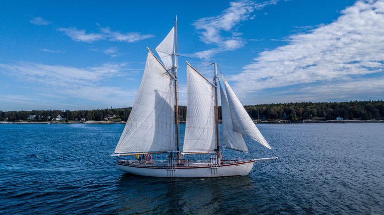 white schooner with white sails on water