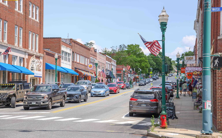 A town street is lined with buildings.