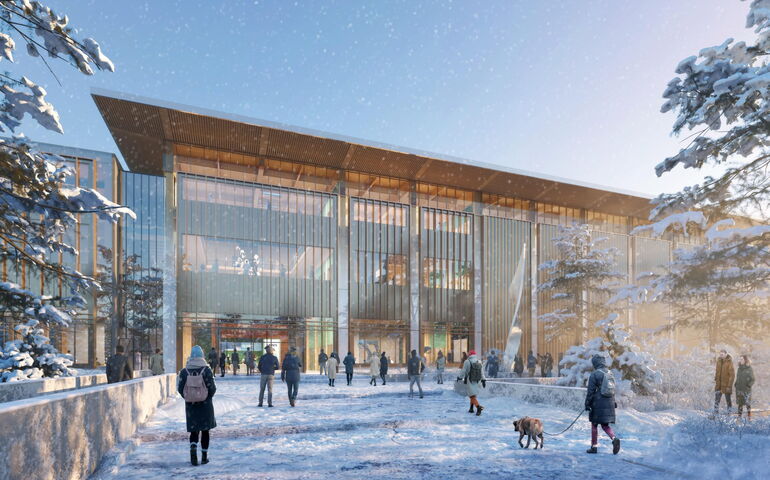 A rendering shows people walking toward a building.