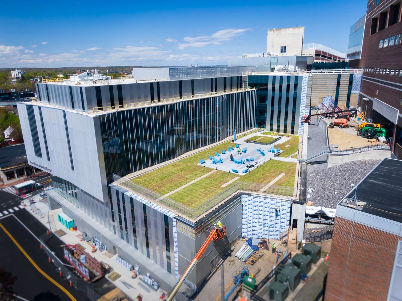This aerial view shows the roof of a building that has greenery on it.