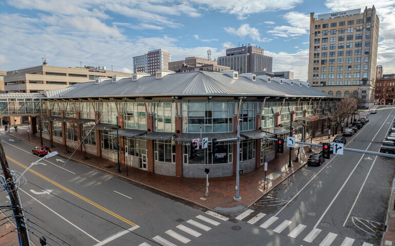 An aerial view of a corner of a building.