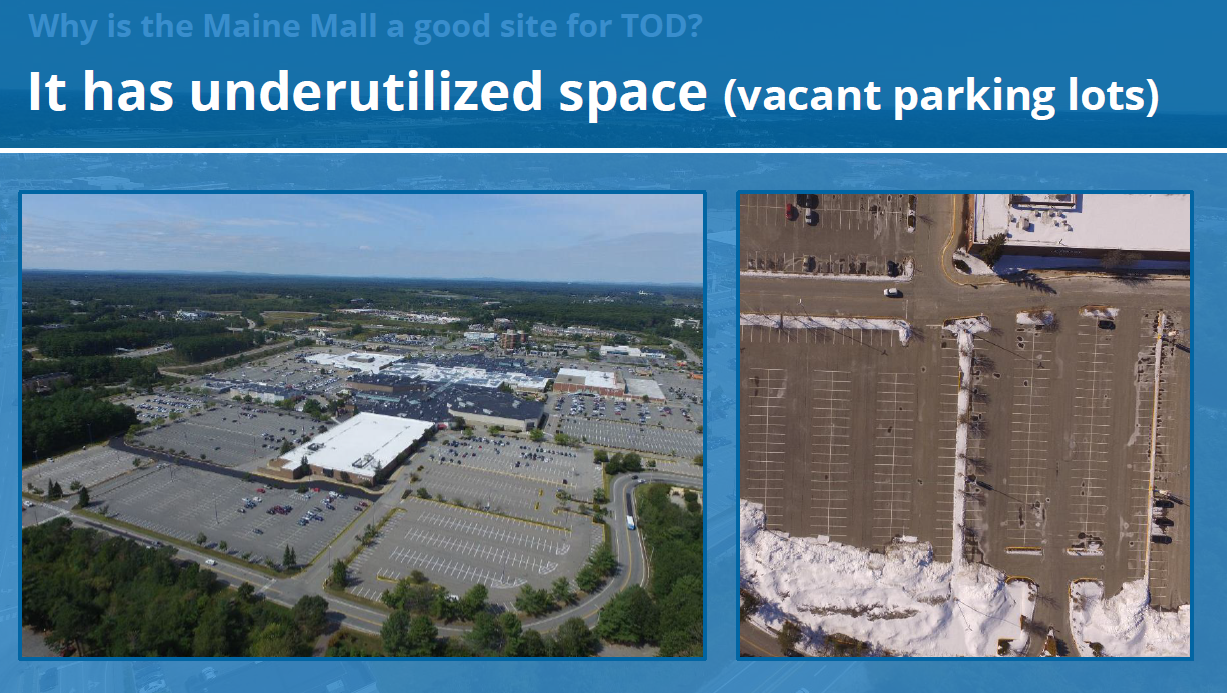 A slide that's an overview of the Maine mall and and other photo showing empty parking lots with text that says