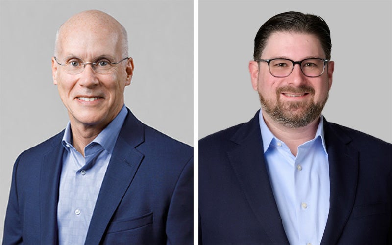 Two side by side portraits of IDEXX CFO set to retire and his successor.