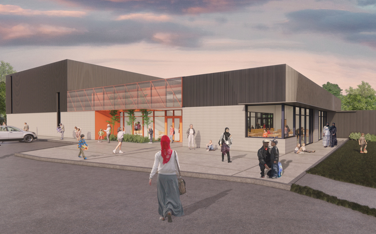 rendering of building with people