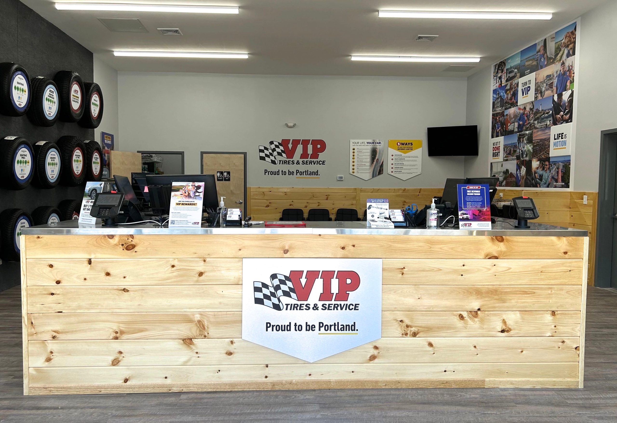 A store interior has a wooden counter.