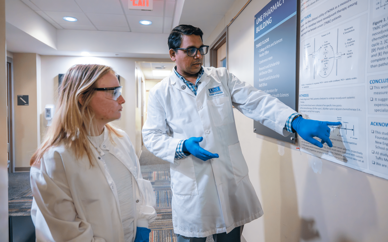 A person points at a whiteboard while another person looks on.