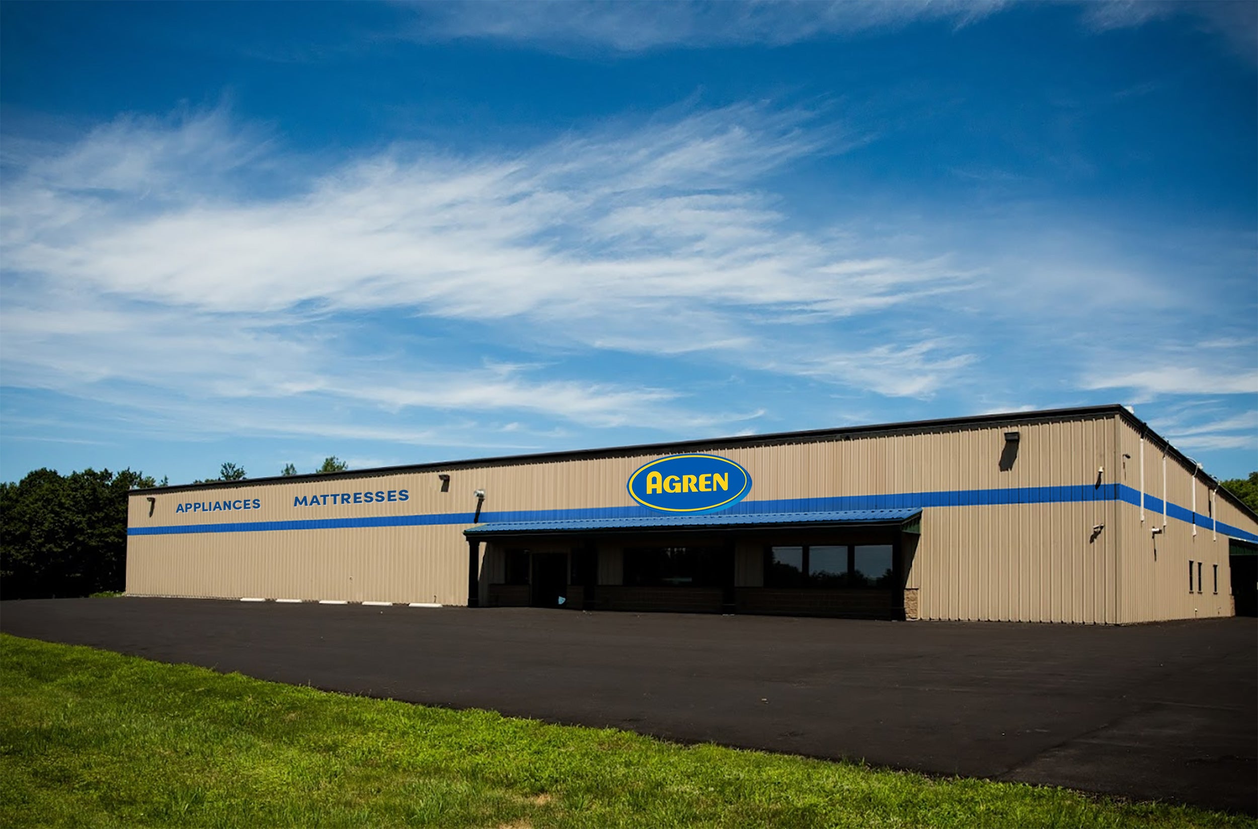 A composite impage shows a long low building with signs.