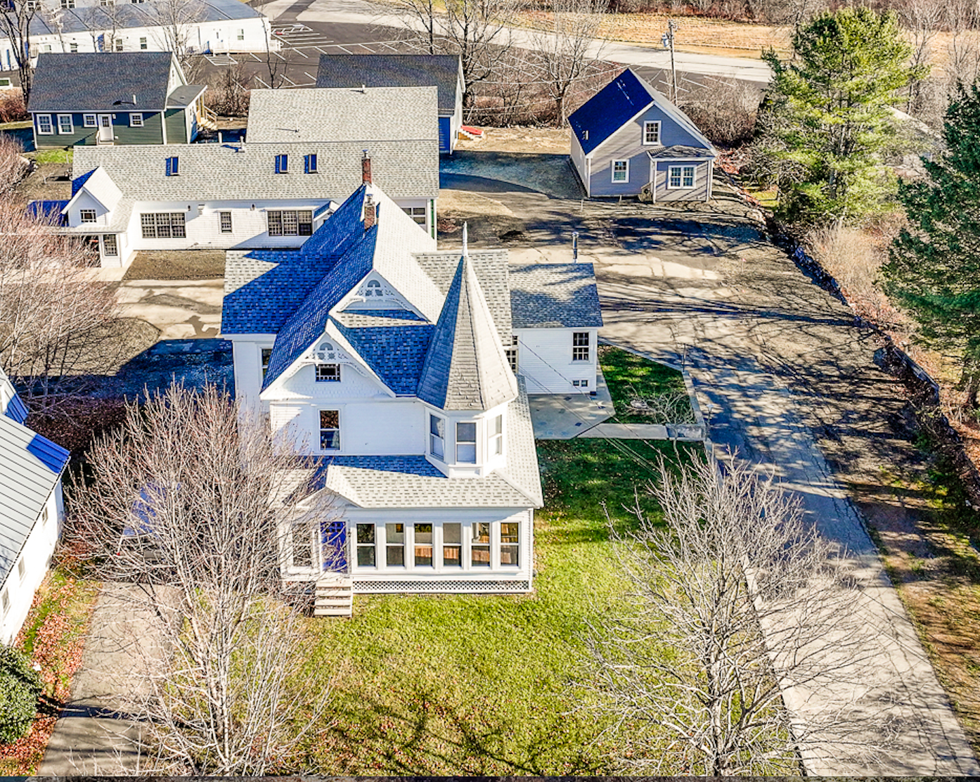 Aerial view of an old house.