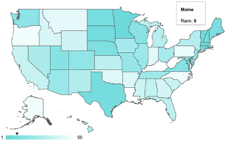 WalletHub map of United States showing Maine with No. 9 ranking