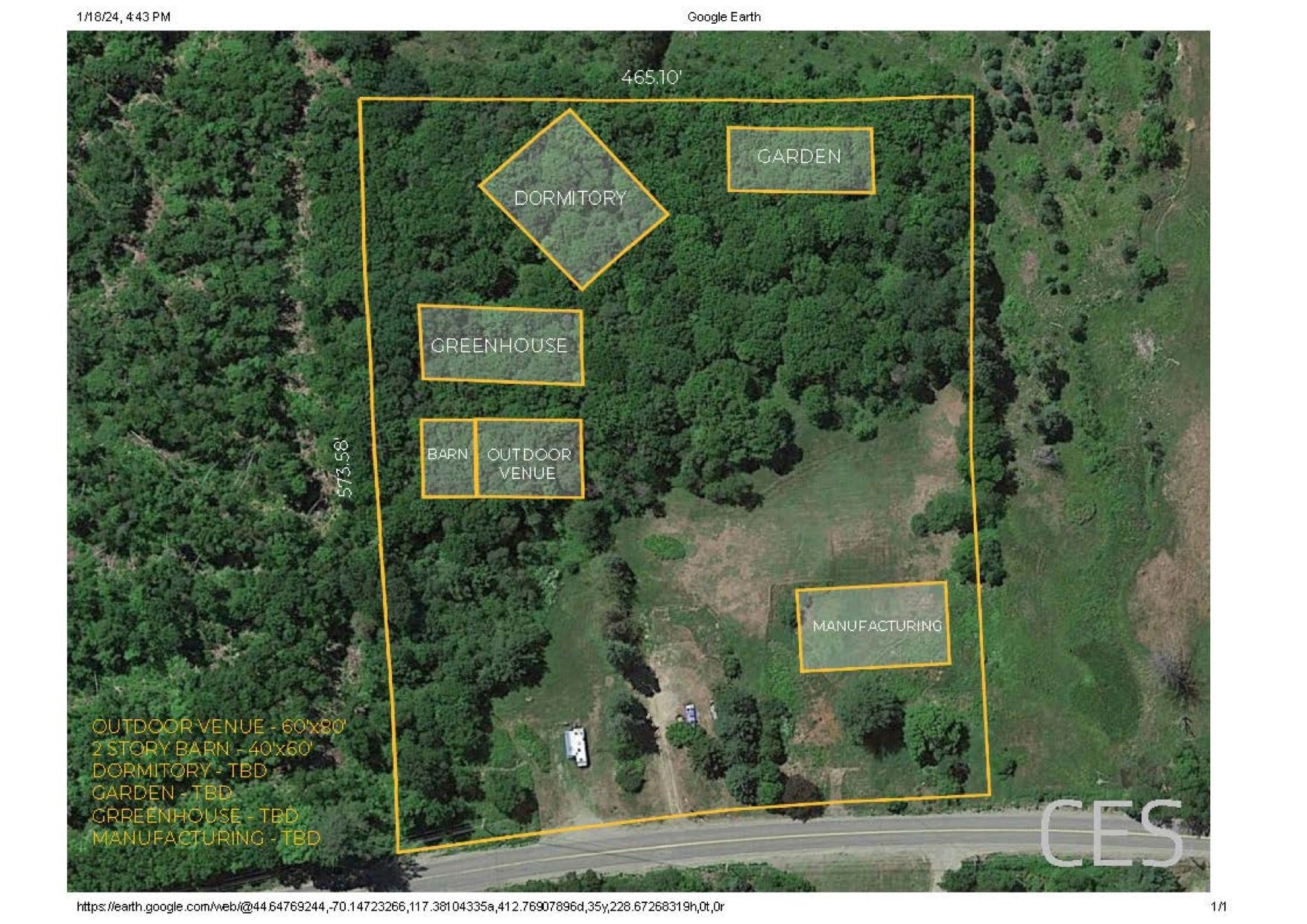 An aerial view of woods and fields includes yellow outlines.