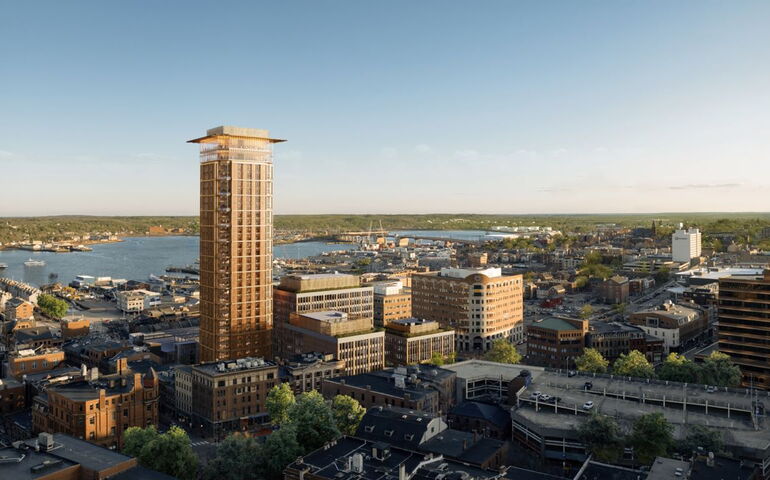 A rendering shows a tall building in an urban area.