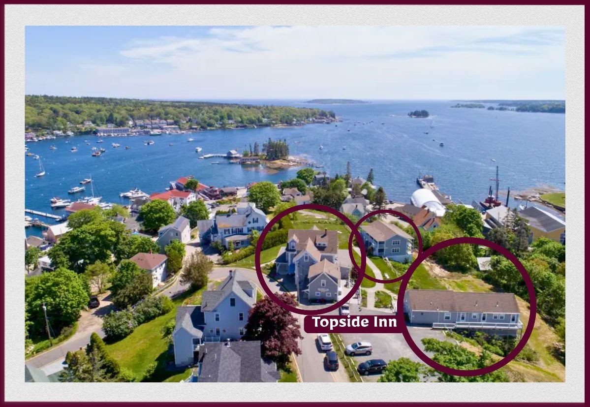 An aerial view shows buildings with circles drawn around them.