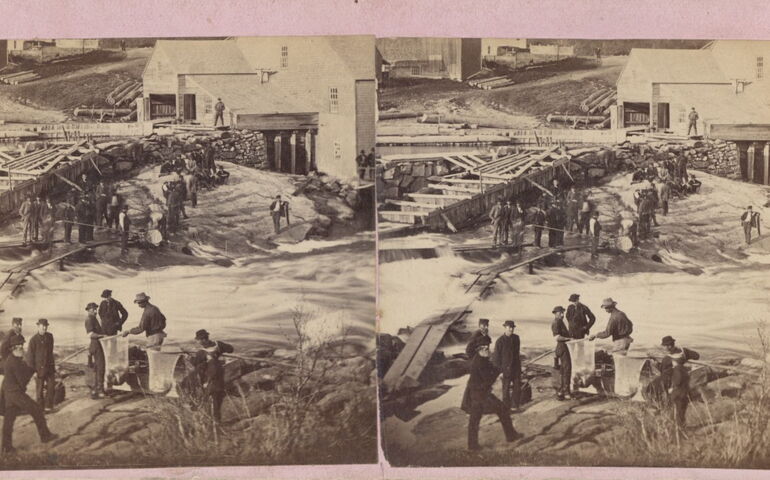 An old image depicts people fishing on the shore of a river.