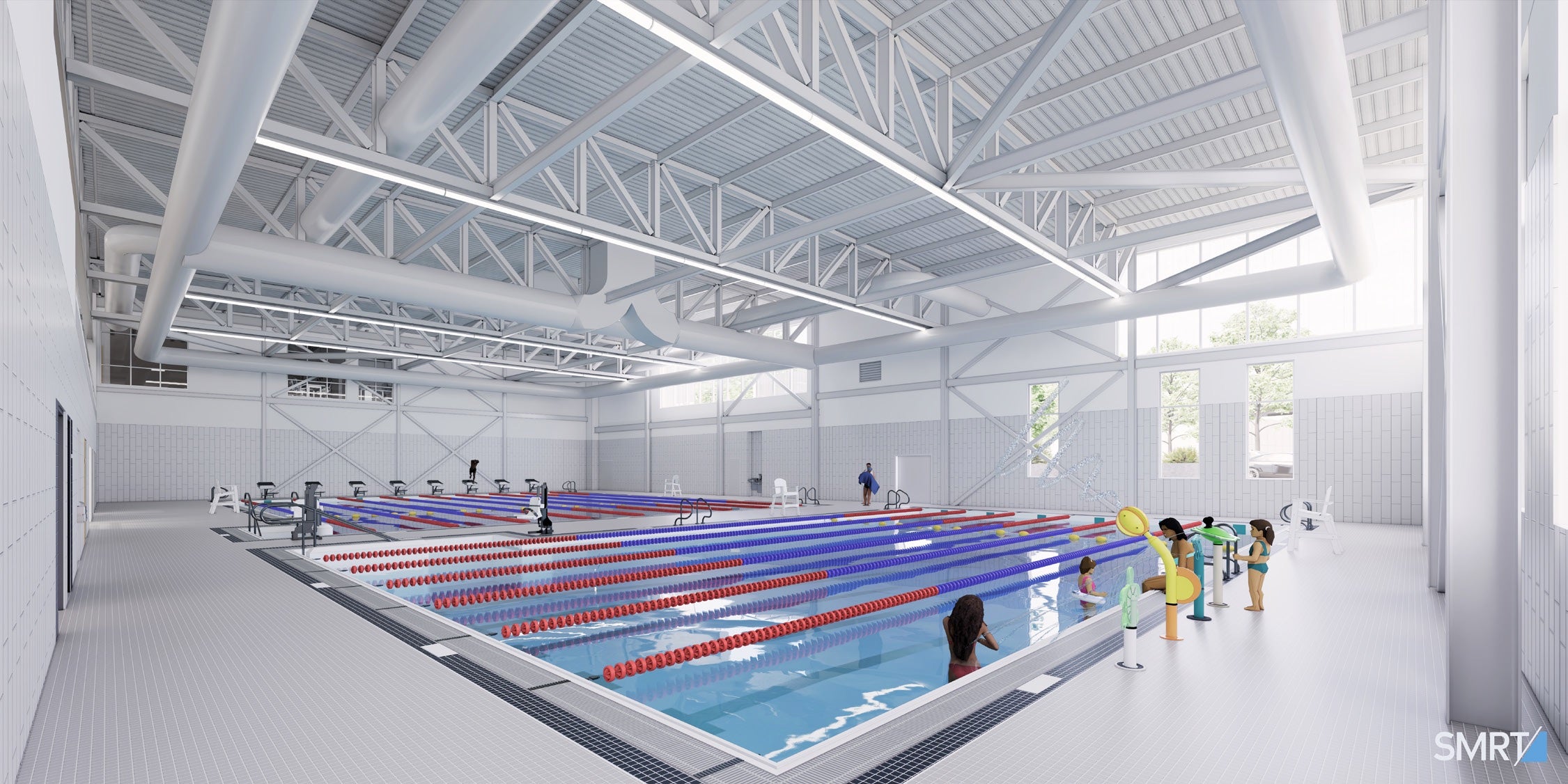 A rendering shows a pool with lanes.