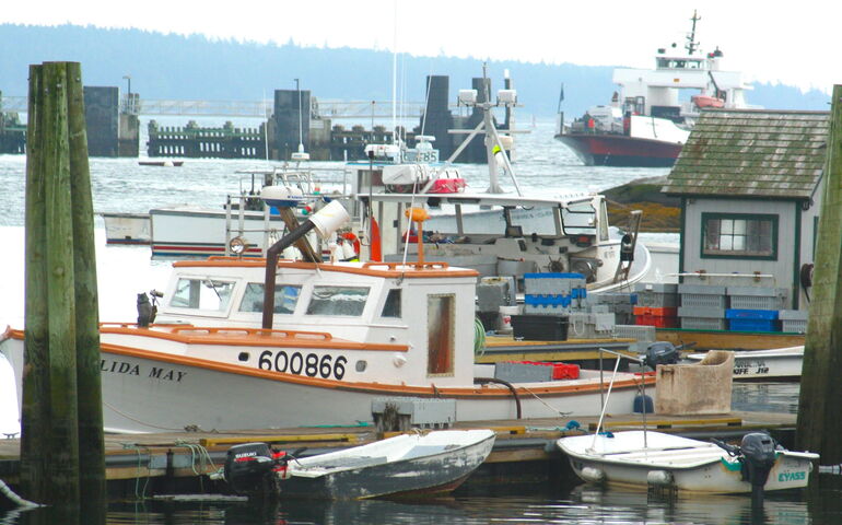 Boats are at docks and a ferry is in the background.