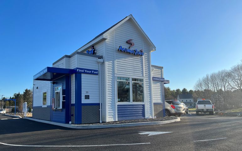 Aroma Joe's coffee shop exterior on a sunny day