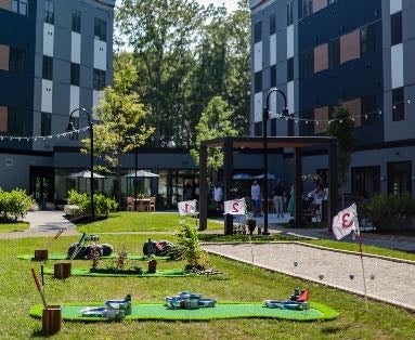 A view of a courtyard with games.