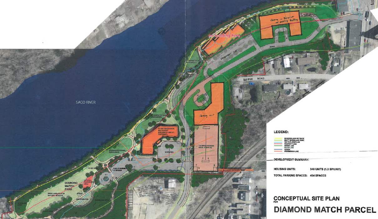 a drawn conceptual plan with orange buildings and greenery on a river