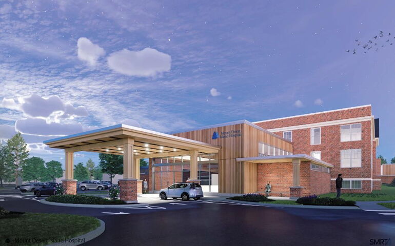 An illustration shows a brick building with a canopy entrance.