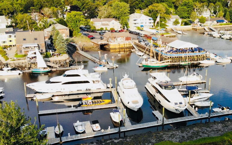 aerial of boats and docks and water
