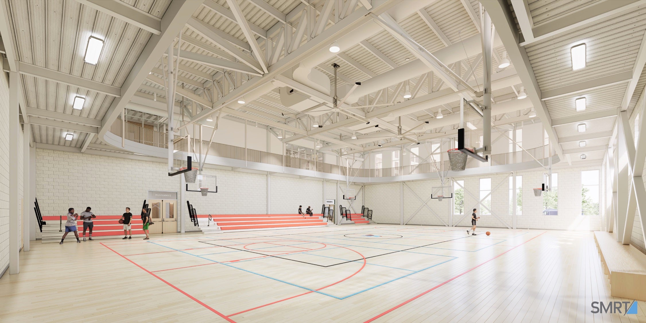 A rendering shows a gym with a basketball court.