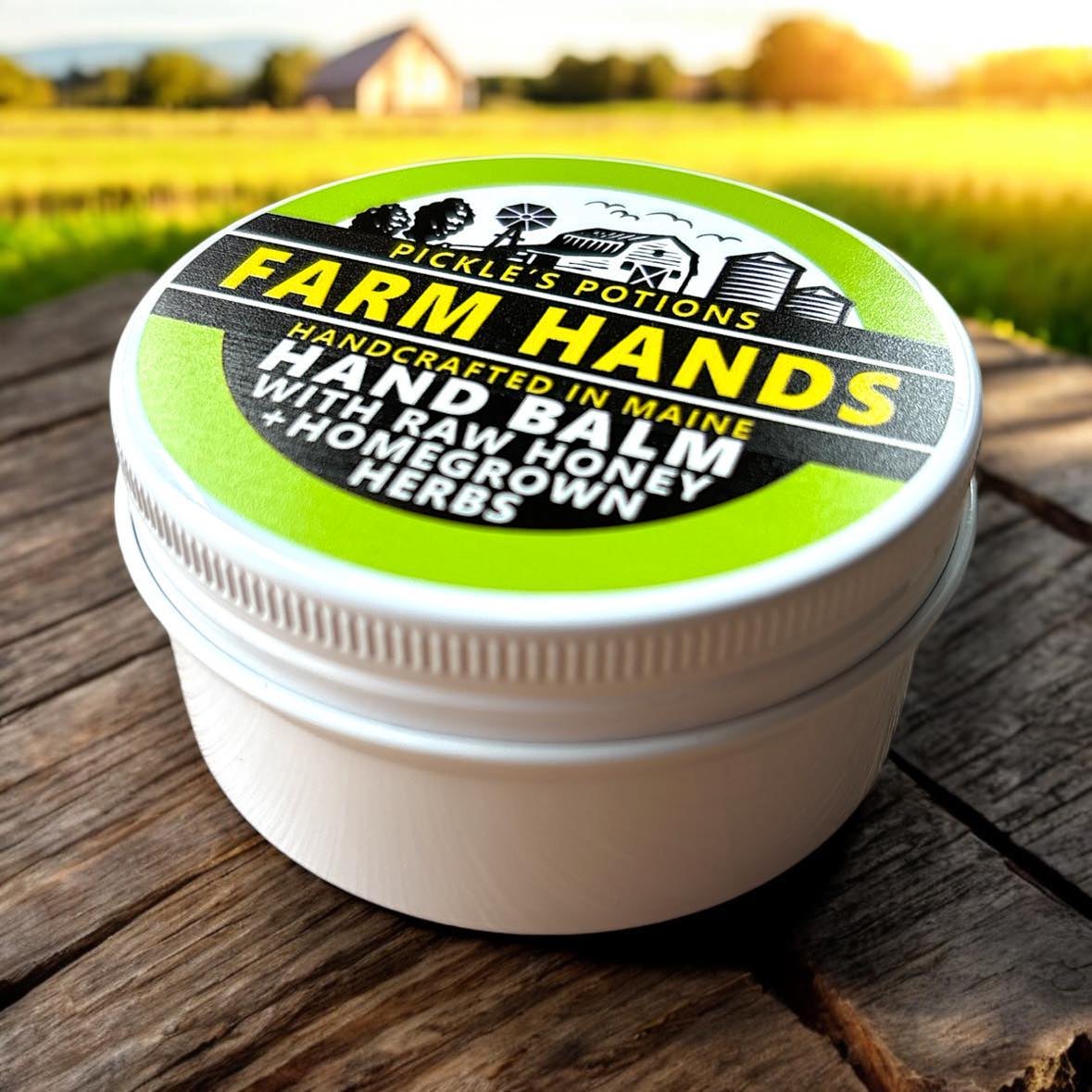 A round container labeled hand balm.