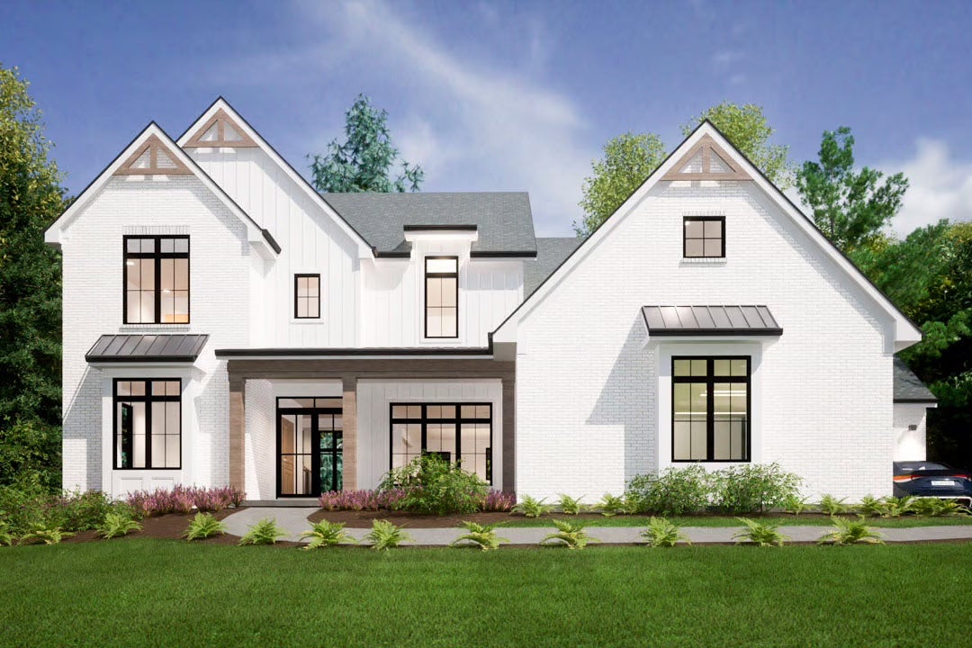 A rendering of a house with white siding.