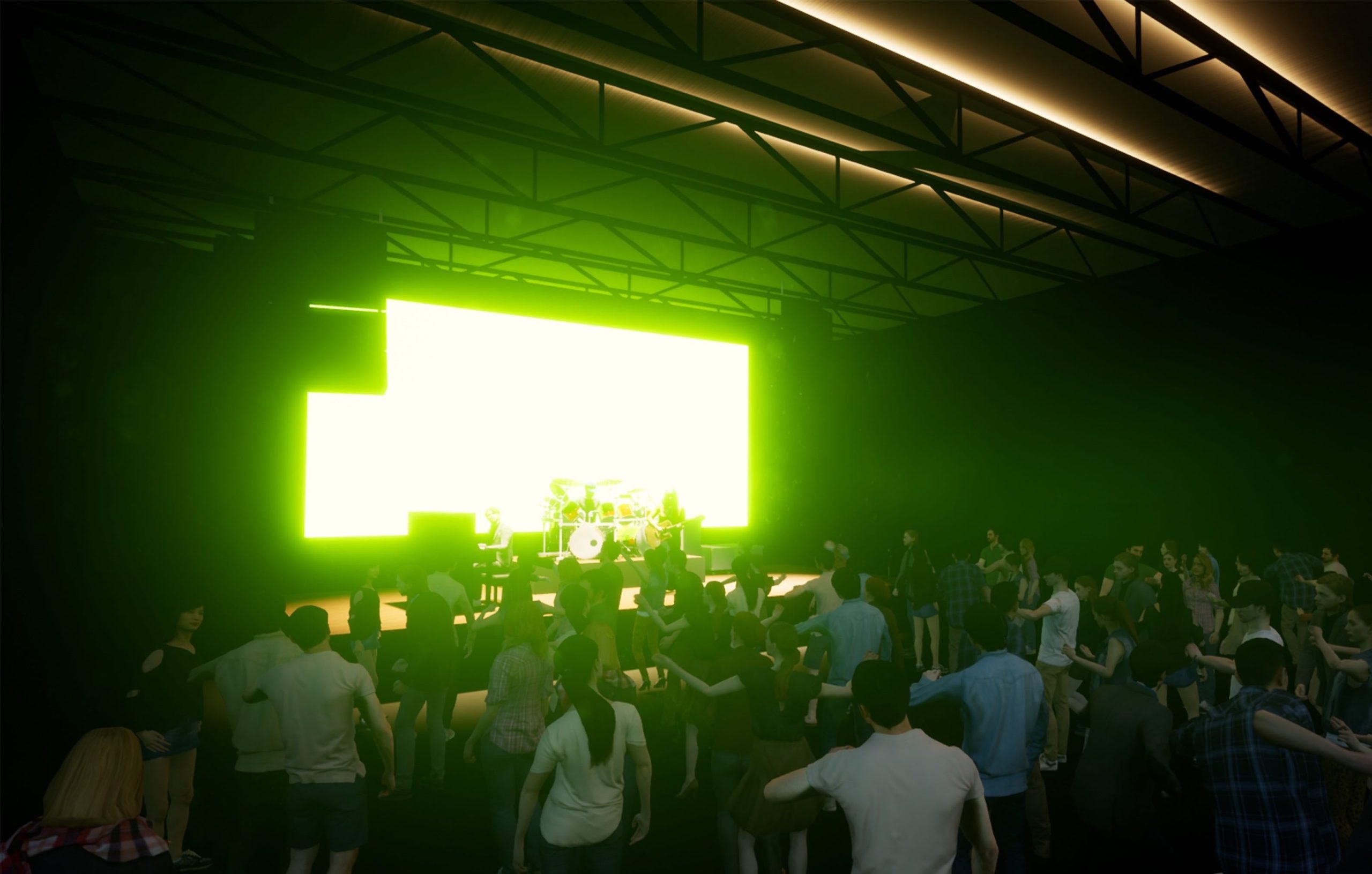 A rendering shows people looking at a green square light.