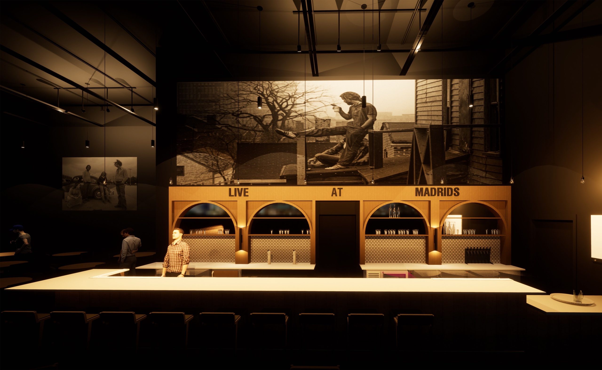 A rendering shows a person at a bar and a picture on a wall.