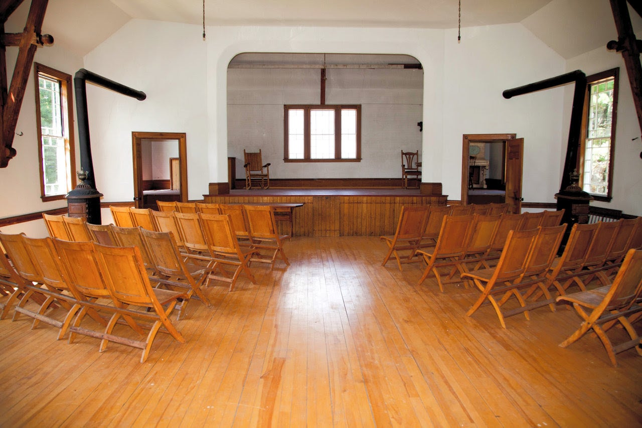 A buliding has a hall and stage.