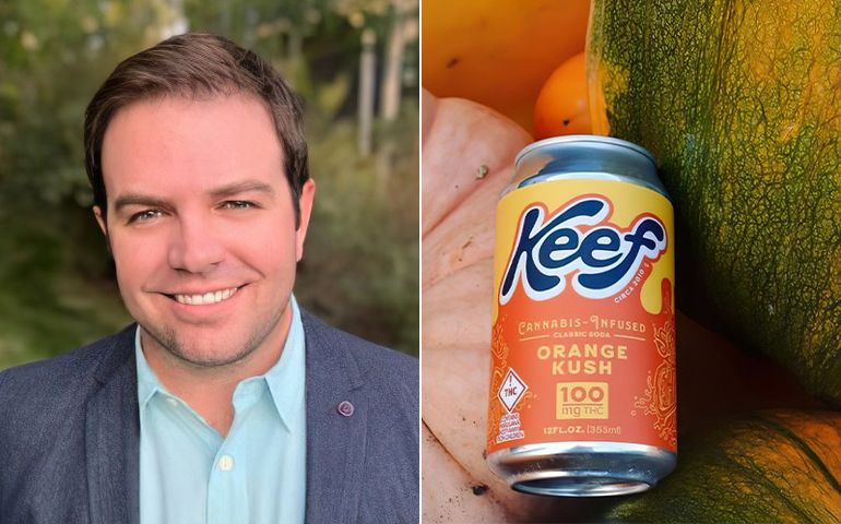 Photo of Travis Tharp next to a product photo