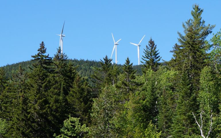 three wind turbins on a hill with a bright blue sky and evergreens covering the hill