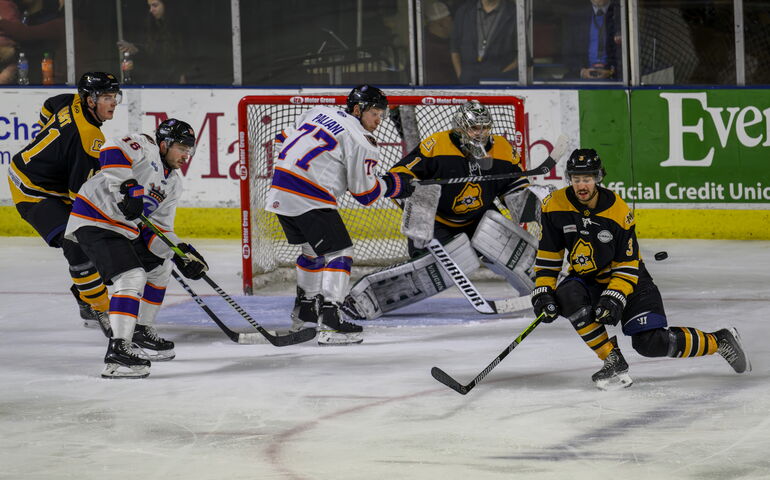 Maine Mariners hockey game action shot.