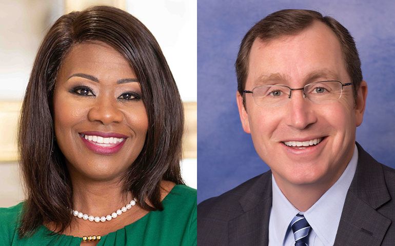 Side-by-side portrait photos of Medina Jett and Dave Whitaker