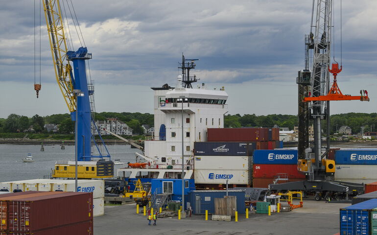 International Marine Terminal in Portland with containers and cranes.
