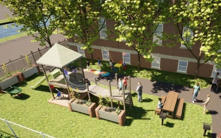 An exterior view of a seating area.